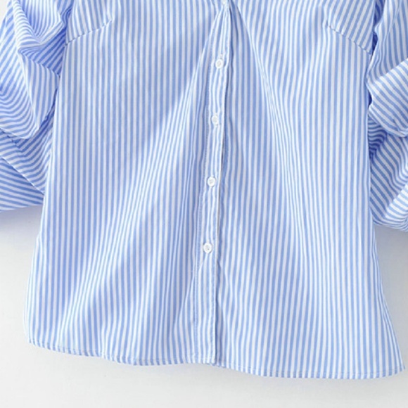 Striped, Off Shoulder Button Up Shirt - Picture 9 of 10